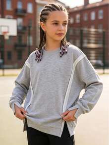 Tween Girl Spring/Autumn Solid Color Minimalist Loose Long Sleeve Sports Sweatshirt - Grey - View 7