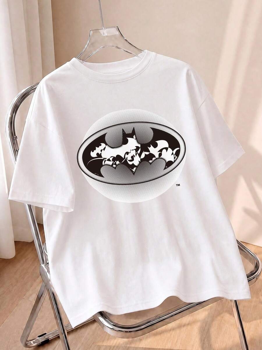 Flame Shaped Bat Letter Print Crew Neck Tee, Loose Street Tops Comic ...