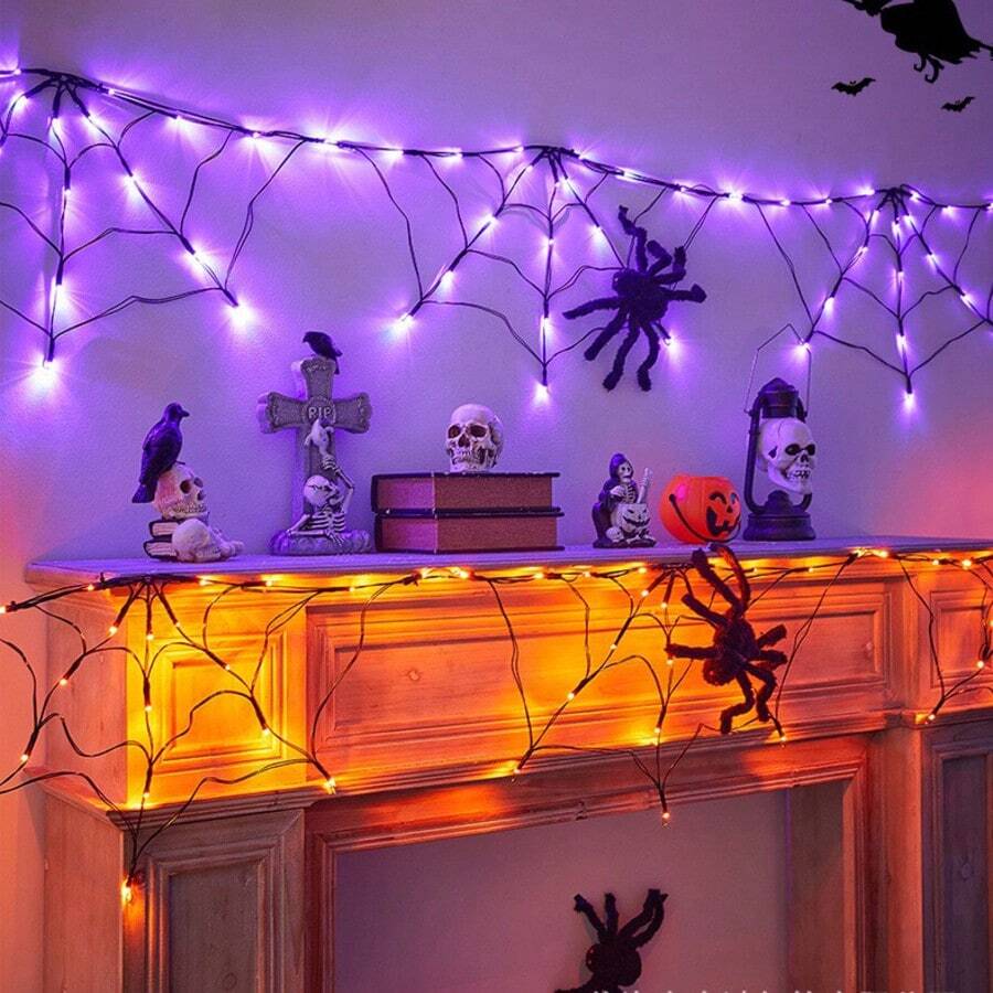Lampu Jaring Laba-laba Halloween, Ornamen Jaring LED 70 inci, Bertenaga Baterai, Tahan Air, Dekorasi Pesta Luar Ruangan