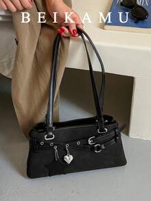 Fashion Solid Color PU Versatile Tote Bag, Strap Heart & Star Decor Elegant Women's Shoulder Bag, Suitable For University, Commuting, Shopping, Street Shopping, Daily Use - Black - View 2