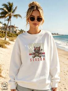 Women's Crew Neck Sweatshirt, Travel Pullover, Cotton Top, Women's Autumn/Winter Basic Sweatshirt - White - View 3