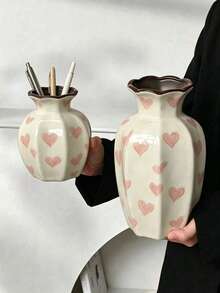 Cream White Ceramic Vase, Pink Heart Pattern Decorative Vase, Glazed Floral Vase And Pen Holder, Suitable For Bedroom, Children's Room Aesthetic Desktop Centerpiece - View 4