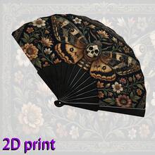 2D Flat Style, Fashionable Handheld Folding Fan, Featuring Dark Vintage Skull, Moth And Floral Pattern, Perfect For Summer Parties, Music Festivals And Bar Use. Also An Excellent Home Decor And Gift - A - View 3