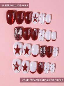 24pcs/Set Short Oval Red Cat Eye Crystal French Press-On Nails, With 3D Tie Dye Circles, Pearls And Stars Design, Full Coverage Acrylic Fake Nails, Includes 1pc Jelly Glue And 1pc Nail File, Suitable For Women And Girls Daily Work And Party Use - Multicolor - View 3