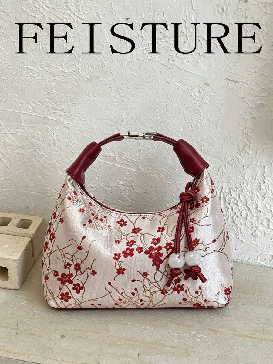 1pc Chinese Style Embroidered Nylon Dumpling Shaped Handbag, Suitable For Shopping, Dating, Women's Gift, Office Lady, Suitable For Office, College, Work, Commuting