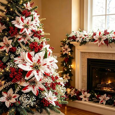 15pcs/Set Artificial Red And White Poinsettia Decoration Set-DIY Floral Arrangement Accessories Suitable For Christmas Home And Party Decor, Adorning Christmas Trees, Fireplaces, And Banisters, Or Creating A Festive Atmosphere.