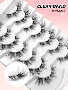 ENCHUW 7 Pairs Messy Natural Cat Eye Lashes Clear Band Lashes Cat Eye Look Wispy Lashes Eye End Elongated Full Strip Soft Natural False Eyelashes - Black - View 5