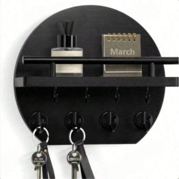 Wall-Mounted Key Rack - 9.8 Inch Apartment Wall Decor With Shelf And 8 Key Hooks, Round Wooden Key Holder, Home Decor