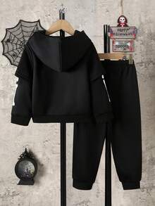 Setelan Halloween Anak Laki-Laki: Hoodie 2 in 1 Motif Tulang Tengkorak + Celana Jogging Motif Tulang Tengkorak - Hitam - View 2