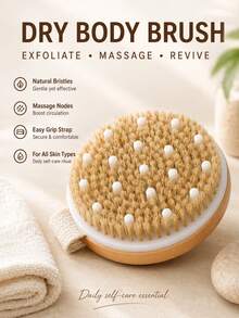 1pc Bamboo Body Exfoliating Brush, Dry & Wet Use Bath Brush With Massage Ball, Reusable Back Scrubbing Ball, Suitable For Shower, Bath And SPA - Multicolor - View 1
