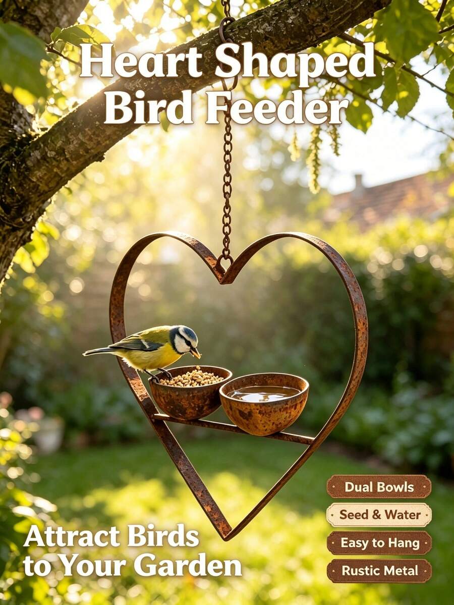 Rusty Metal Heart-Shaped Bird Feeder, Dual Bowl Design, Vintage Distressed Bird Food And Water Dual-Use Feeder, Hanging Design Suitable For Trees And Backyard Gardens, European Courtyard Landscape Country Style Outdoor Decor - Multiple Styles - View 1