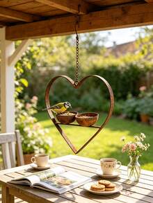 Rusty Metal Heart-Shaped Bird Feeder, Dual Bowl Design, Vintage Distressed Bird Food And Water Dual-Use Feeder, Hanging Design Suitable For Trees And Backyard Gardens, European Courtyard Landscape Country Style Outdoor Decor - Multiple Styles - View 7