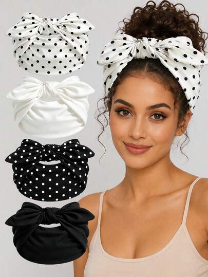 Women's 4-Piece Polka-Dot And Solid Color Headband Set - Loose, Stretchy, And Soft Headbands; Vintage-Style Hair Accessories.