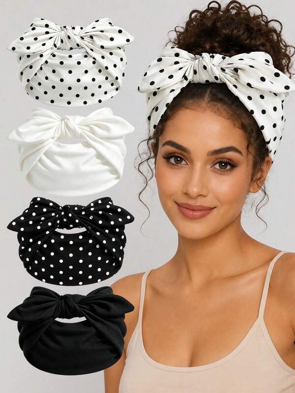 Women's 4-Piece Polka-Dot And Solid Color Headband Set - Loose, Stretchy, And Soft Headbands; Vintage-Style Hair Accessories.