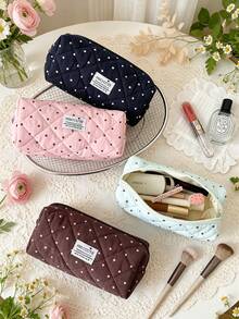 1pc Cute Polka‑Dot Quilted Makeup Pouch Soft Fabric Zipper Pen Case Portable Multi‑Purpose Storage Bag For Daily Use Cosmetics & Brushes Organization - Multicolor - View 4