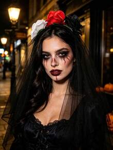 1pc Halloween Artificial Flower Black Mesh Headband, Holiday Ghost Bride Costume Headpiece, Party Cosplay Hair Accessory - Multicolor - View 1