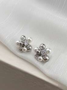1 Pair Cool Elegant Rhinestone Small Round Ball Faux Pearl Stud Earrings Suitable For Women's Daily Wear - Silver - View 6