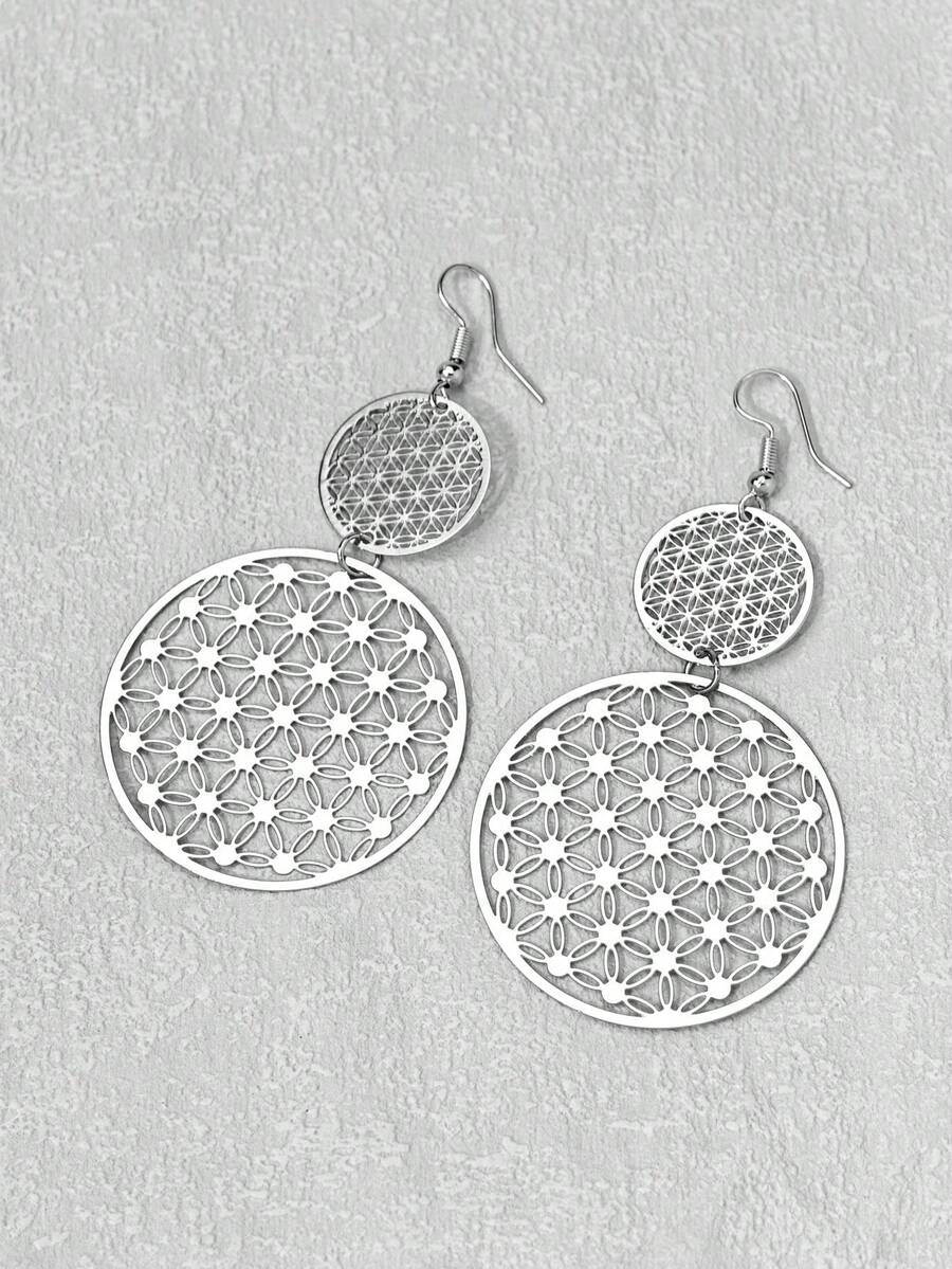1 Pasang Anting Bulat Berongga Bunga Minimalis dari Baja Tahan Karat untuk Wanita, Cocok untuk Pemakaian Sehari-hari - Perak - E1129 - View 1