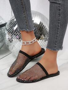 Summer New Niche Minimalist Hollow Rhinestone Flat Slide Sandals For Women, Fashionable Slip-On Mesh Breathable Closed-Toe Half-Slippers - Black - View 7