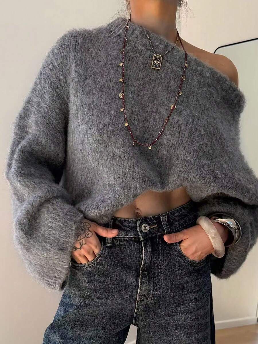 Women's Casual Grey Solid Color Long Sleeve Pullover Sweater, Rib-Knit Round Neck Drop Shoulder Sweater - Grey - View 1