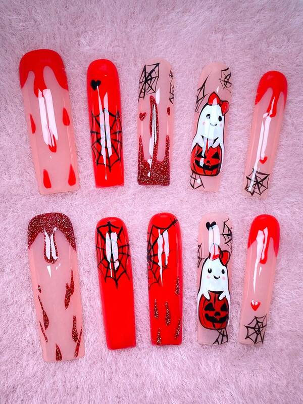 Halloween Cute Long Square Press On Nails, Nude Pink Base With Red Drip French, Hand-Painted Spider Web Heart Bow Ghost Pumpkin, Glitter Gradient, Multiple Sizes, Nail File & Jelly Glue Included, Reusable For Halloween Party Daily Styling
