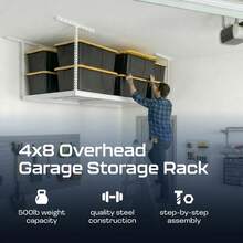 4x8 Ft Garage Overhead Storage Rack, White, Height 24- 45inch| Heavy-Duty 4x8 Ft Garage Overhead Storage Rack, 500 Lbs Load Capacity, Adjustable Height From 24 To 45inch, Scratch-Resistant Powder Coating - White - View 2