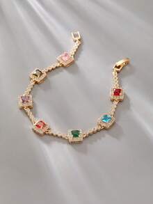 Colorful Square Zirconia Bracelet Mosaic Square Diamond Bracelet Random Multi-Color Bracelet Exquisite Layered Bracelet Date Daily Birthday Gift For Girlfriend Best Friend - Multicolor - View 5