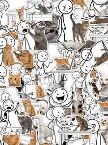 50Pcs Funny Cat Meme Sticker Pack, Line Figure & Cute Cat Print, Aesthetic Humorous Meme Decals, Waterproof Stickers, For Teen Journal, Tumbler, Notebook DIY Decor - Multicolor - View 2