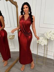 Women's Elegant Autumn Burgundy Metallic Fitted Halter Backless Slit Dress, Bodycon Long Dress, Suitable For Evening Party, Nightclub, Outing And Holiday Occasions, Christmas, New Year - Burgundy - View 7