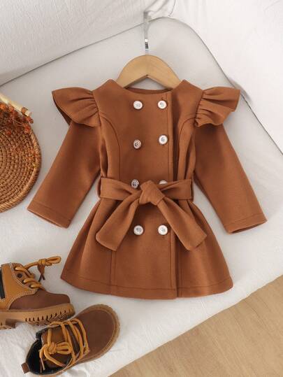 1pc Baby Girl Vintage Brown Woolen Flutter Sleeve Double-Breasted Waist-Cinching Princess Dress, Medium-Thick Autumn/Winter