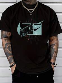 Men's Pure Cotton Short-Sleeved T-Shirt Casual Summer Daily Wear Regular Fit Breathable Soft Fabric Basic Style  Printed Tee - 黑色 - 查看 9