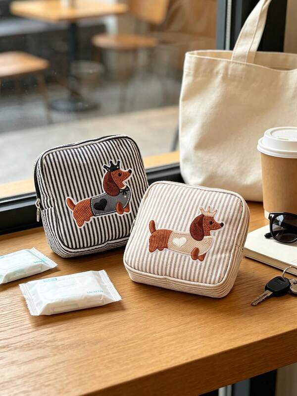 2D Cute Dachshund Embroidery Print Corduroy Zipper Storage Bag, Small Makeup Bag, Fun Dachshund Dog Theme, Sanitary Pad Storage Bag, Portable Storage Bag Toiletry Bag, Period Bag, Sanitary Tampon Storage Bag, Coin Purse, Travel Storage Bag, Mini Jewelry Bag, Snack Bag, Reusable, Suitable For Commuting, Travel, Dorm, Business Trip, Home, Bathroom, Gift For Sisters, Best Friends, Colleagues And Classmates For Halloween, Back To School, Birthday, Festival, Qixi, Valentine's Day