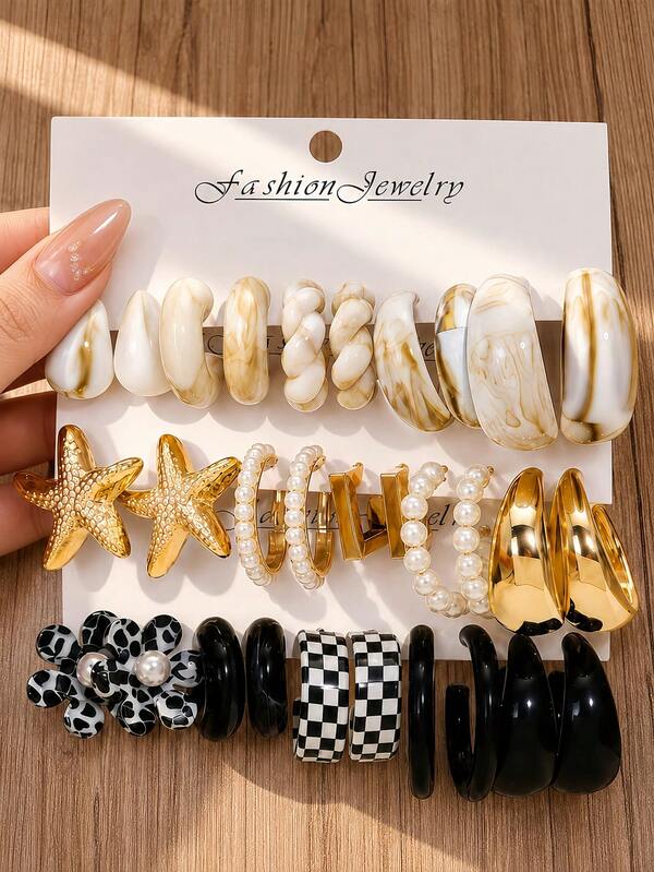 2/10/30pcs Black Acrylic Gold Starfish Faux Pearl Earrings Set, Women's Chunky Resin Pendant Earrings, Beach Vacation Daily Jewelry