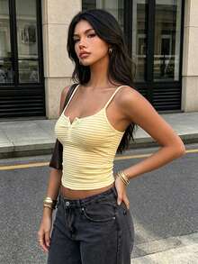 VIVINA Summer Fall Y2K Women's Minimalist Fashion Casual Daily Versatile Striped Knit Fabric Button Front Camisole Top, Suitable For Fall, Back To School, Yellow Striped Top, Knit Digital Print Fabric - Yellow - View 7