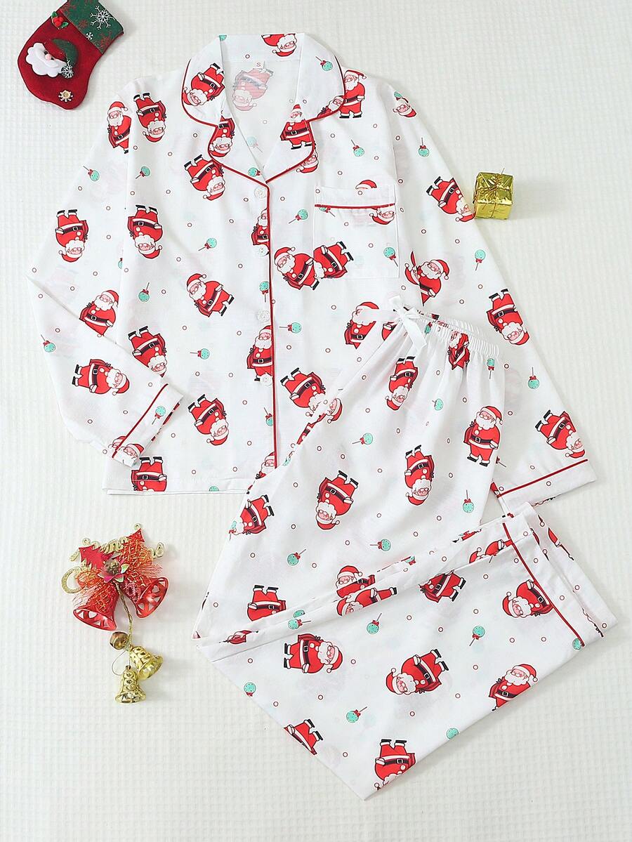 2pcs Comfortable Christmas Santa Candy Print Long Sleeve Collared Top And Bow Tie Pants Women's Pajama Set - White - View 1