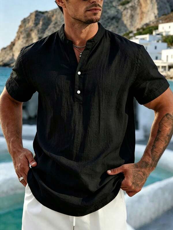1 pieza Camisa Henley de lino blanco para hombre, camisa casual de verano para playa con cuello alto y manga corta, transpirable, versátil para uso diario y al aire libre