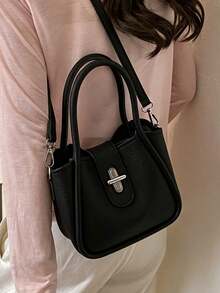 Handbag With Lychee Grain Soft Leather Fabric, Metal Lock Decoration, Layered Storage, Minimalist Commuter Style, Suitable For Daily Use, Dating, Shopping, Short Trips, Detachable Shoulder Strap, Versatile Shoulder Crossbody Small Bag - Black - View 4
