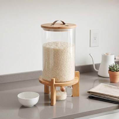 RainWeel Rice Dispenser Glass, 7.5L Flour And Cereal Glass Container Rice Storage Container With Airtight Lid & Wooden Stand, Glass Food Storage Container For Kitchen Organization And Pantry Storage