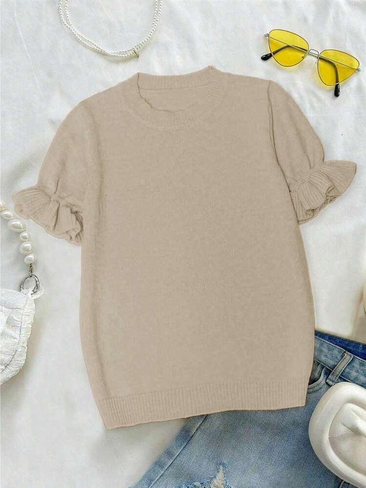 Women's Casual Yellow Round Neck Ruffle Short Sleeve Loose Fit T-Shirt, Spring/Summer Style, Suitable For Dating And Daily Wear - Khaki - View 5