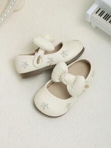 Toddler Little Girls Bow Decor Mary Jane Flats, Soft Non-Slip Sole Dress Shoes For Daily Party - Beige - View 5