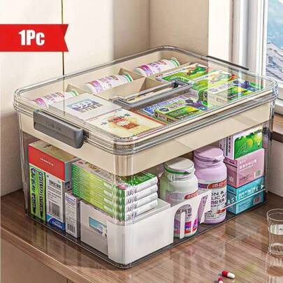 1-Piece Medicine Storage Box With Handle, Multi-Layer, Large Capacity Plastic Medicine Box, Portable Medical Storage Box, Suitable For Bedroom, Bathroom, Office, Desk Storage