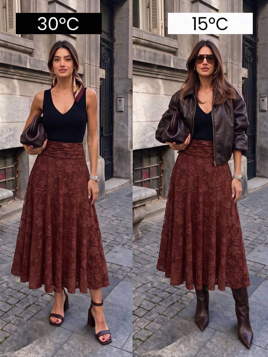 Elegant Commute Solid Color Cut-Out Skirt - Red - View 1