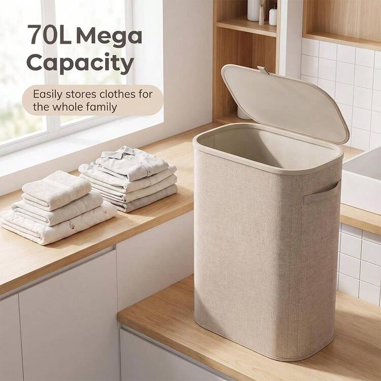 70L大容量布製洗衣籃附蓋，防塵洗衣籃，適用於居家臥室浴室，可折疊手提衣物收納桶，4色可選 - 查看 4