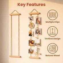 1 Set Natural Wooden Photo Hanging Rope With Wooden Clips, Multi-Photo Display Rack, No Drilling Required, Space-Saving, Suitable For Dorm, Bedroom, Desk And Wall Decoration - Multicolor - View 10