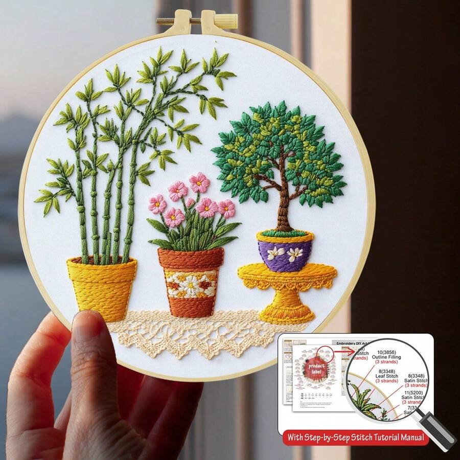 1PC 15*15cm/5.9*5.9in 20*20cm/7.9*7.9in, Houseplants Embroidery Kit, DIY Handmade Embroidery Set For Adult Beginners, Home Gift, Women's Sewing Gift, Including User Manual, Printed Pattern Fabric, Embroidery Frame, Needle And Thread.