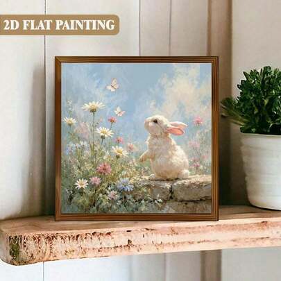 1 Piece Art Decor, Framed Wood Board Painting, Soft Style With White Rabbit Holding Pink Tulip Scene, Perfect For Living Room Or Party Display, Ideal Gift For Valentine's Day Or Easter Spring Decor.