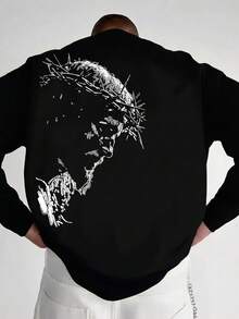 Men's Spring Autumn Thorn Crown Portrait Sketch Back Print Long Sleeve T-Shirt - Black - View 1