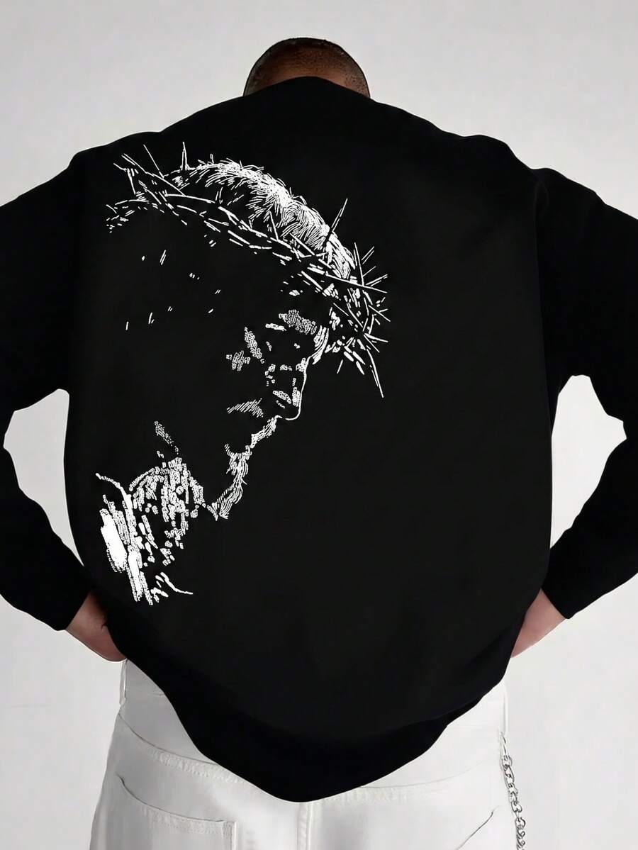Men's Spring Autumn Thorn Crown Portrait Sketch Back Print Long Sleeve T-Shirt - Black - View 1
