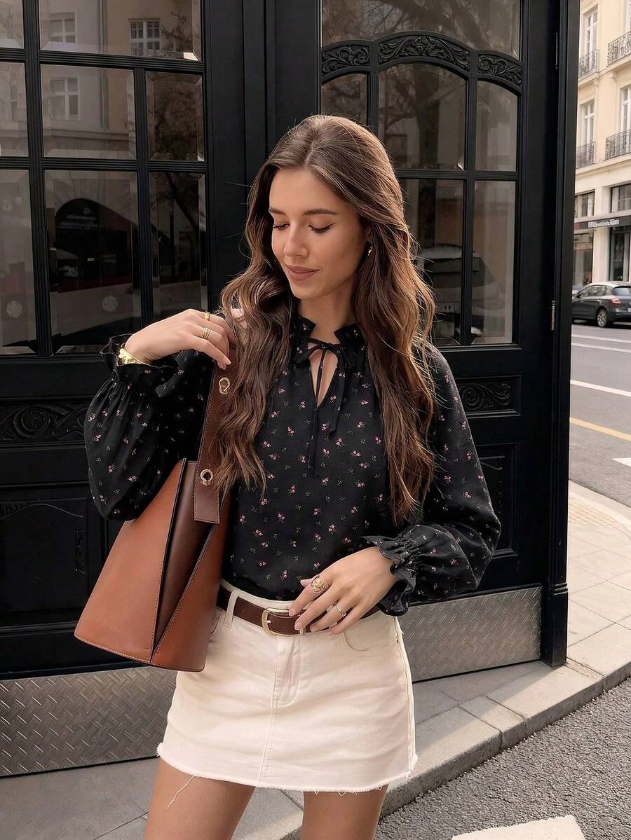 Tie Neck Ditsy Floral Ruffle Long Sleeve Blouse - Black - View 1