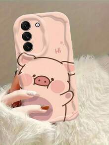 1pc Creamy Big Wave Ins Shockproof Anti-Drop Protective Phone Case, Cute Peeking Pig Phone Shell, Cartoon High Pink Pig Star Print Soft TPU Shockproof Protective Phone Case, Compatible With Android Devices Anti-Drop Protective Shell Compatible With Samsung, Series Phones - White - View 3